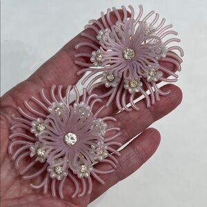 Vintage Celluloid Pair of Cluster Clip Earrings with Rhinestones Deadstock